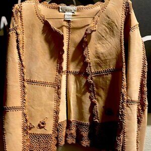 S.M.H. Boutique Western boho Tan brown leather suede crochet jacket Country  XL